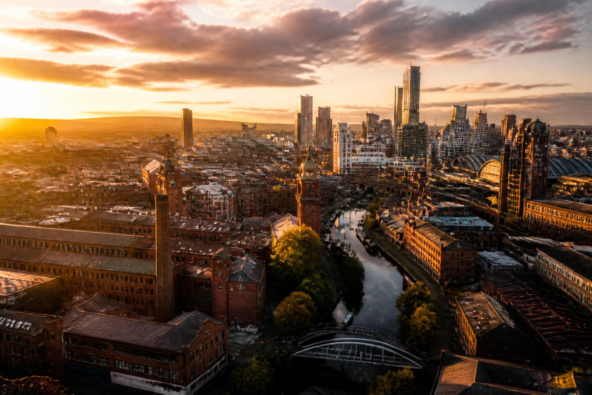 Aerial view of the Manchester skyline at sunset
